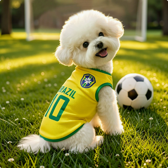 Small white dog wearing a yellow and green football-inspired pet jersey