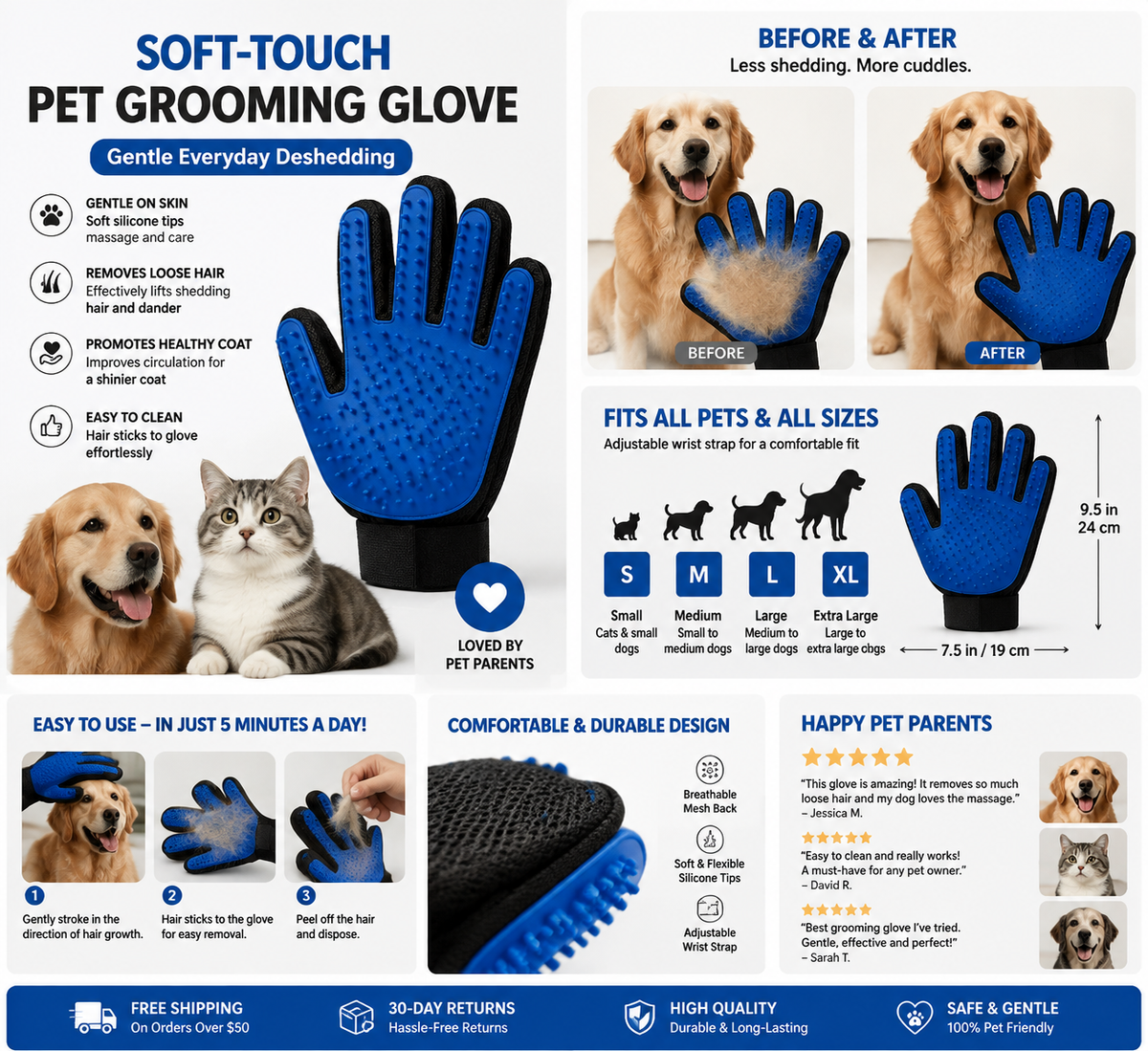 Soft Touch Pet Grooming Glove product infographic