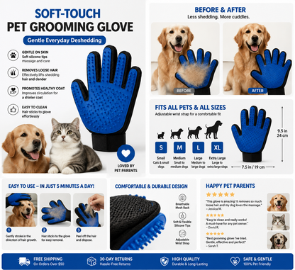 Soft Touch Pet Grooming Glove product infographic