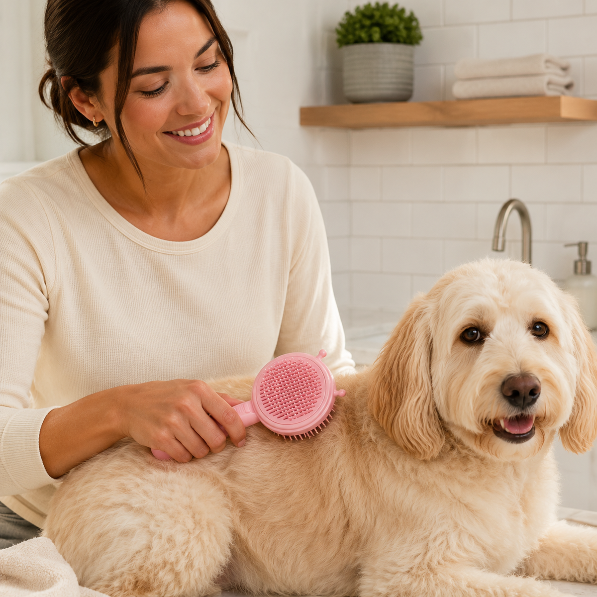 Woman gently grooming a cream dog with the pink ShedLess Duo brush