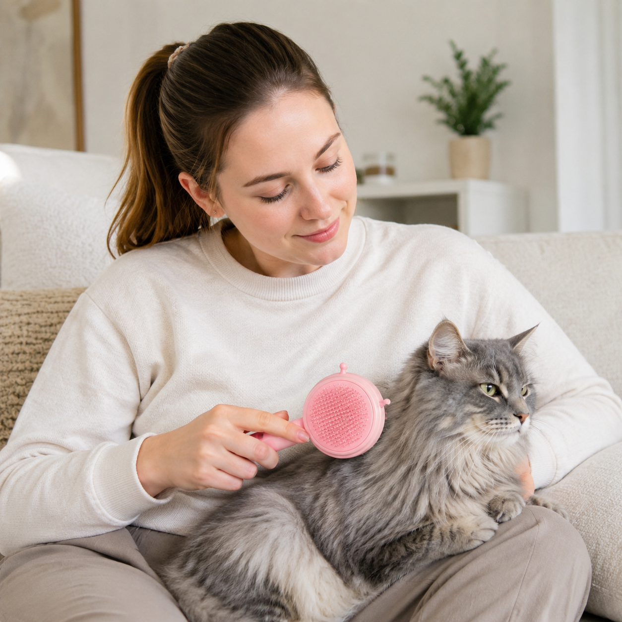 Pet owner grooming a long-haired gray cat with the pink ShedLess Duo brush
