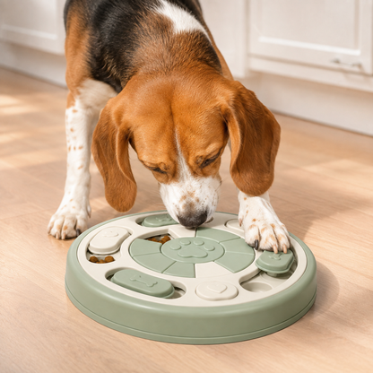 Beagle using the SmartPaws puzzle feeder with nose and paw