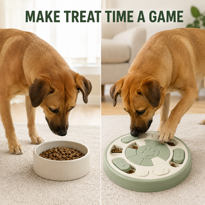 Open treat compartments and sliding covers on SmartPaws puzzle feeder