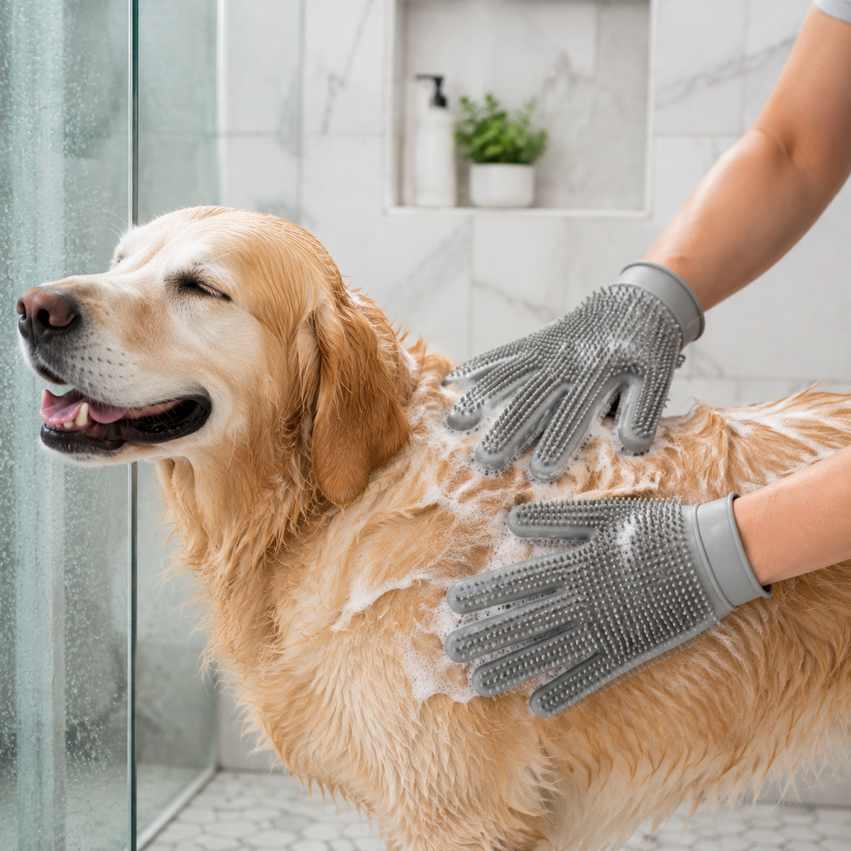 Pair of gray SoftScrub gloves lathering a golden retriever during a bath