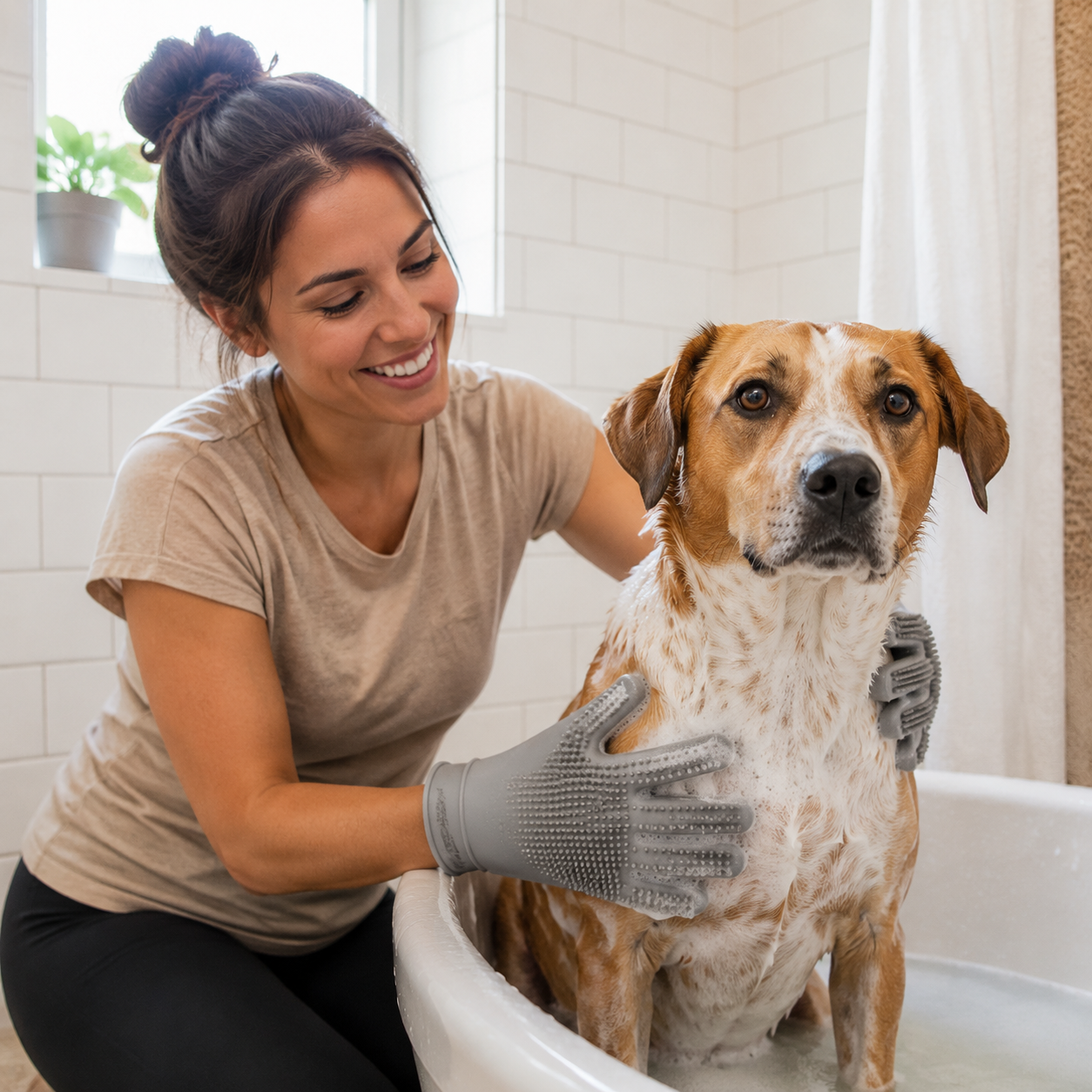 Pet owner bathing a dog with gray SoftScrub silicone gloves