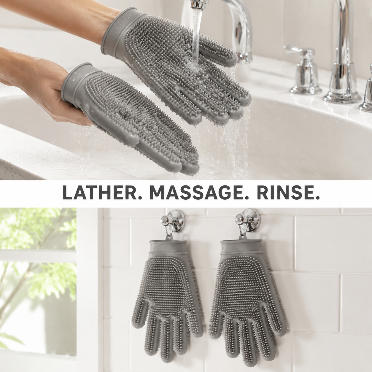 Close-up of rounded silicone nubs on SoftScrub gloves during a dog bath