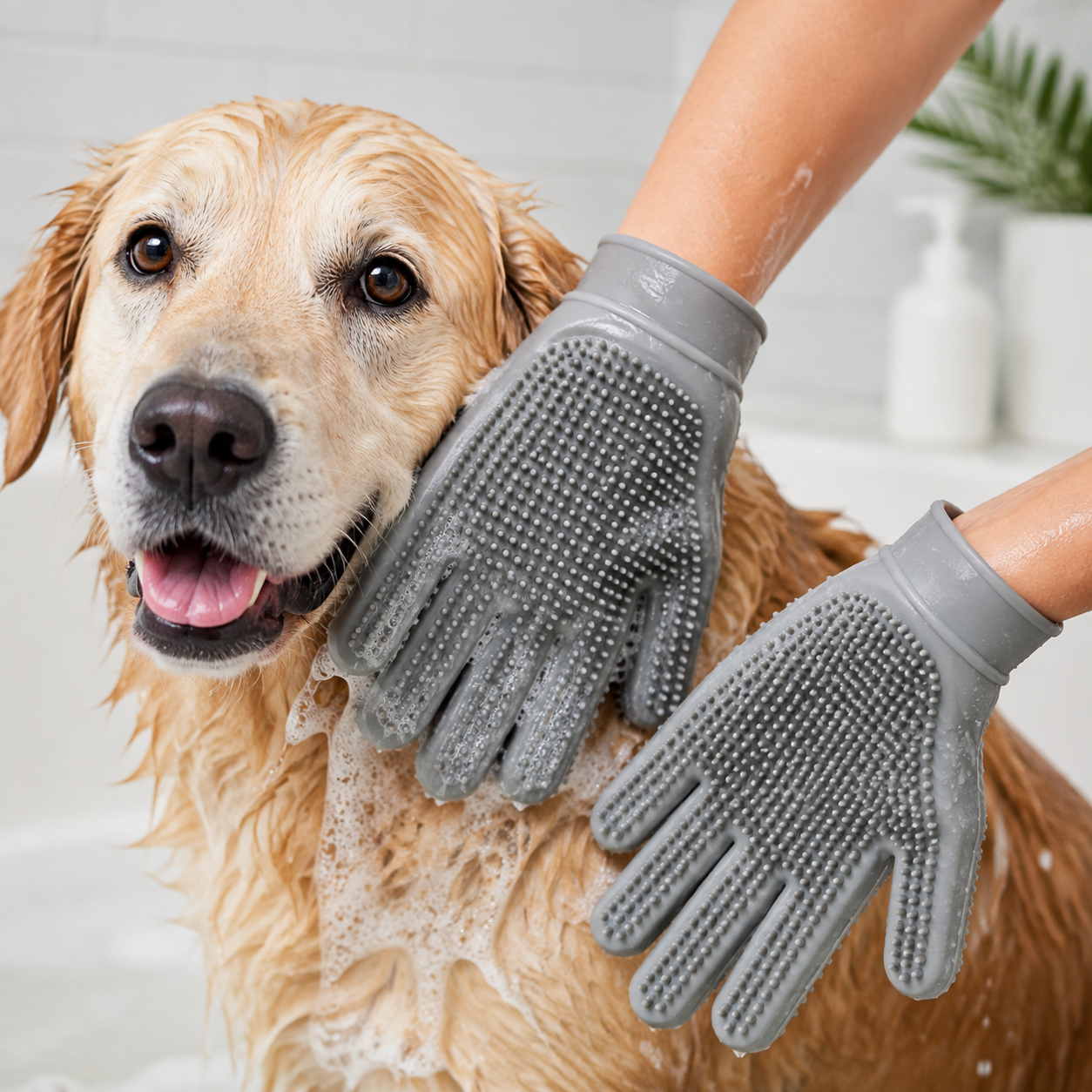 SoftScrub bathing gloves being rinsed and hung to air dry